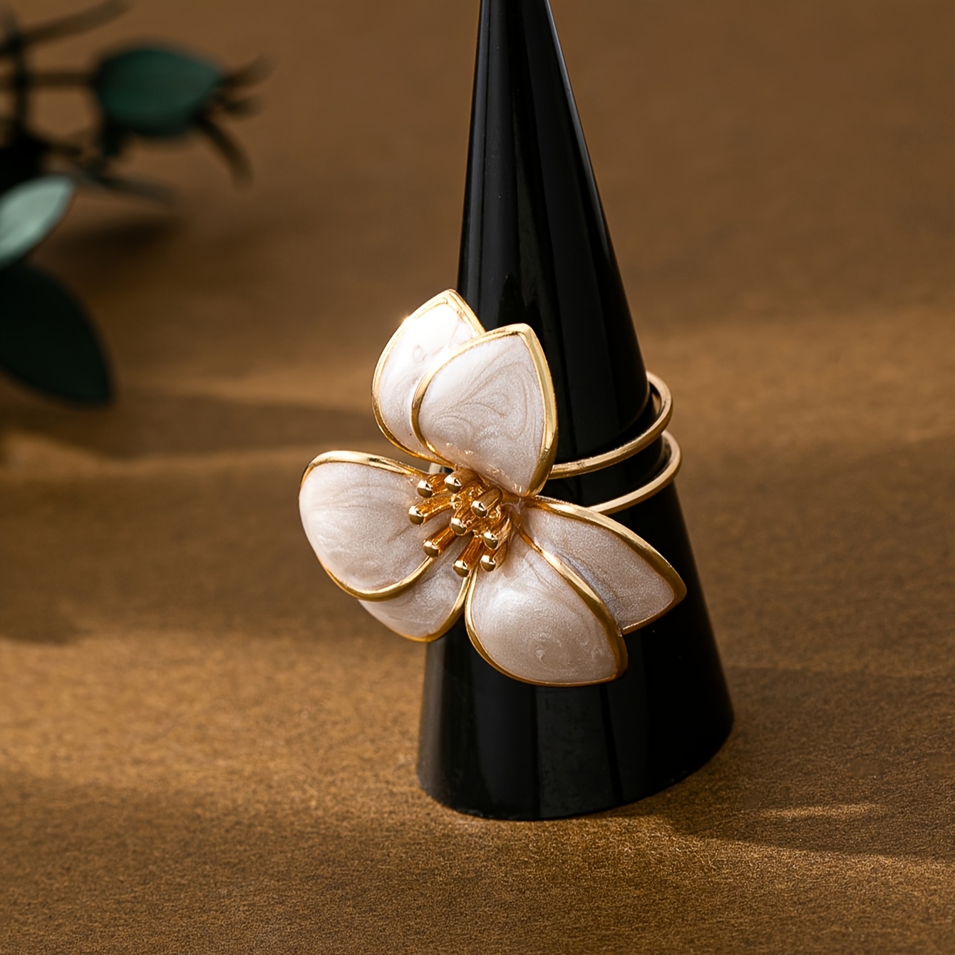 Enamel Flower Ring Green Marble Golden Tone Metal Open Ring